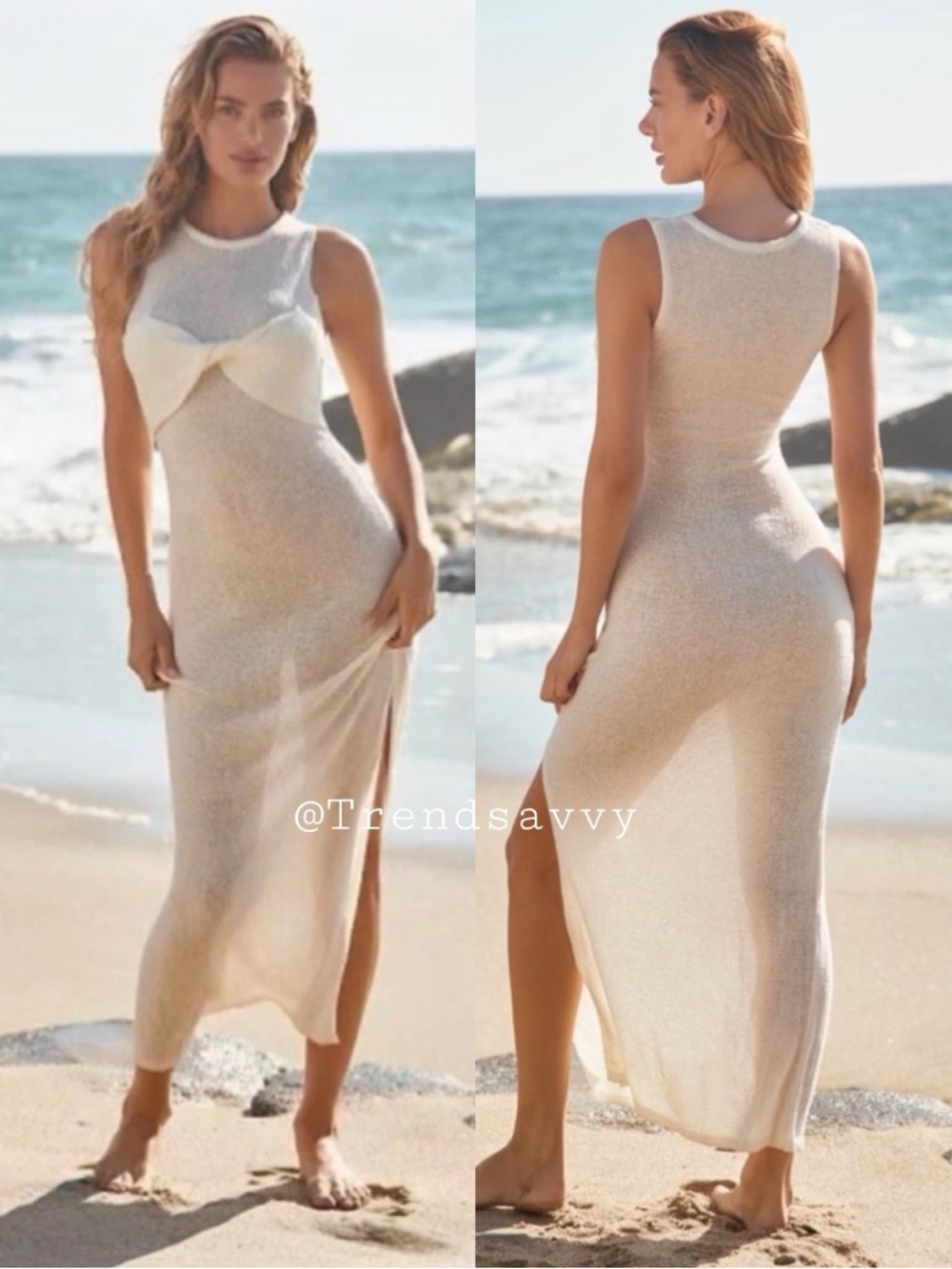 ANTHROPOLOGIE Ivory Twist Front Knit Maxi Dress Medium NWT - Picture 1 of 5